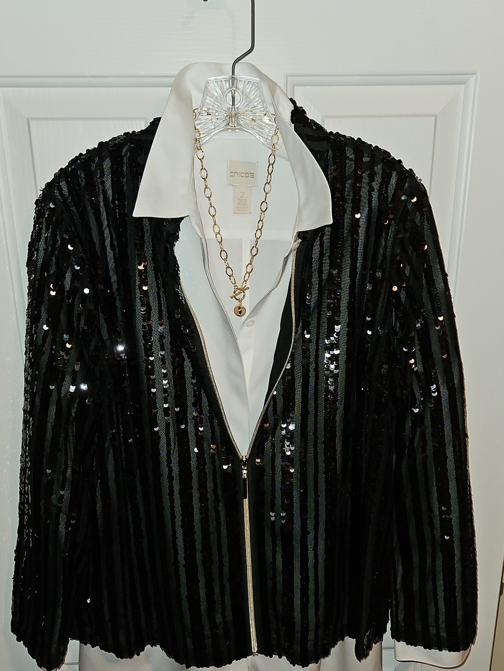 Drapers & Damons Black Sequin Zip-Front Jacket - Slimming Verticle Pattern